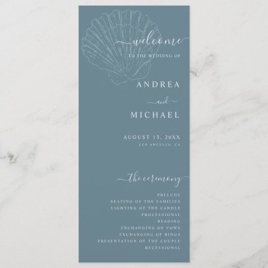 Coastal Blue Nautical Hand Drawn Seashell Wedding Programmakaart (Voorkant)
