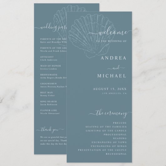 Coastal Blue Nautical Hand Drawn Seashell Wedding Programmakaart (Voorkant / Achterkant)