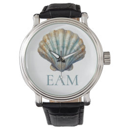 Coastal Blue Scallop Seashell Monogram Horloge