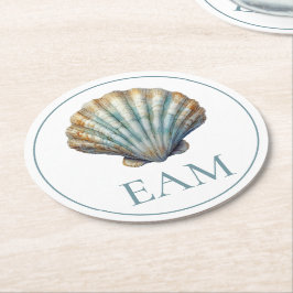 Coastal Blue Scallop Seashell Monogram Ronde Kartonnen Onderzetter
