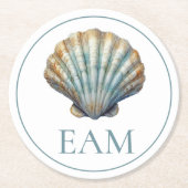 Coastal Blue Scallop Seashell Monogram Ronde Kartonnen Onderzetter (Voorkant)