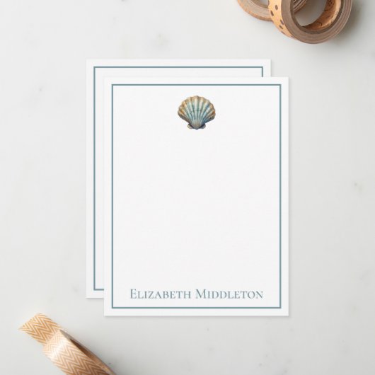 Coastal Blue Scallop Seashell Personalized Notitiekaartje (Voorkant / Achterkant in situ)