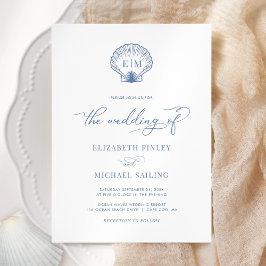 Coastal Blue Seashell Monogram Huwelijk Kaart
