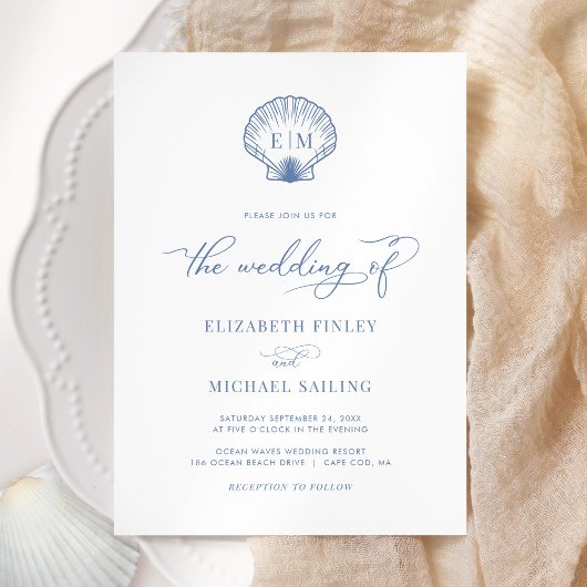 Coastal Blue Seashell Monogram Huwelijk Kaart
