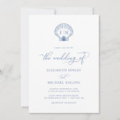 Coastal Blue Seashell Monogram Huwelijk Kaart (Voorkant)