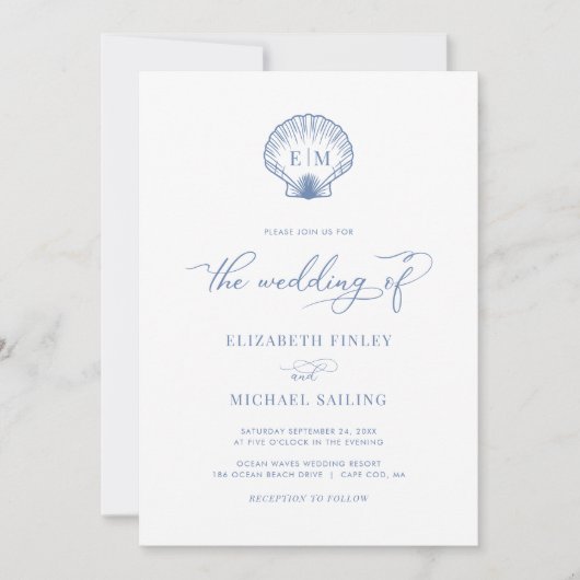 Coastal Blue Seashell Monogram Huwelijk Kaart (Voorkant)