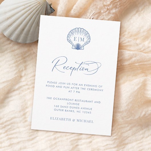 Coastal Blue Seashell Monogram Wedding Reception Informatiekaartje