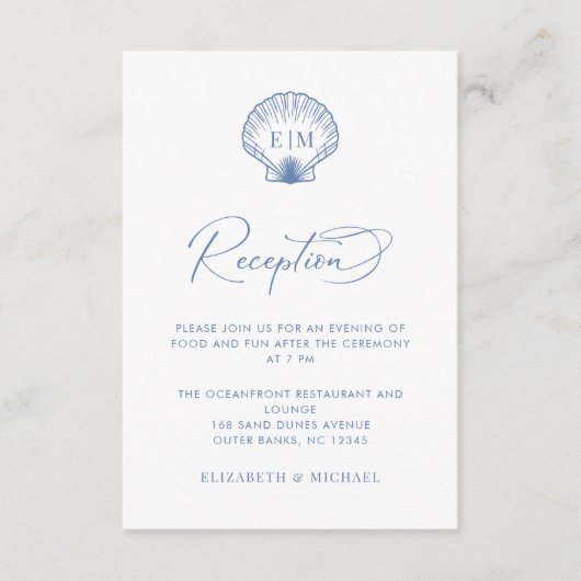 Coastal Blue Seashell Monogram Wedding Reception Informatiekaartje (Voorkant)