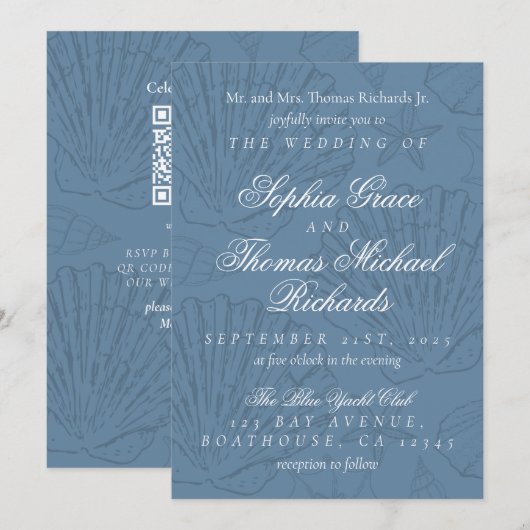 Coastal Blue Shell Destination Wedding Kaart (Voorkant / Achterkant)