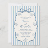 Coastal Blue Stripe Whimsical Hand Drawn Wedding Kaart (Voorkant)