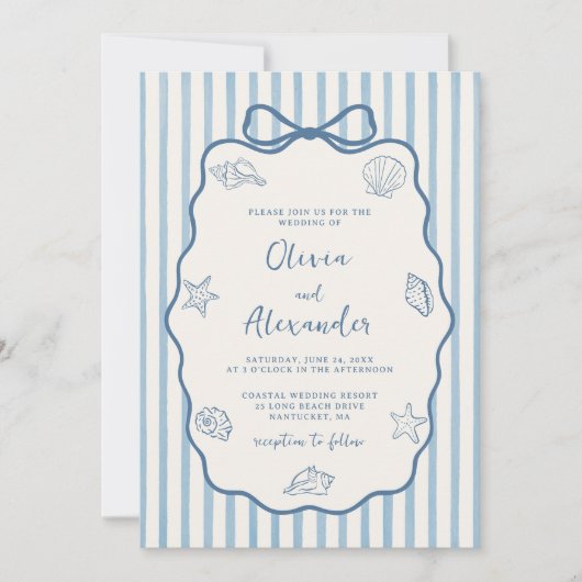Coastal Blue Stripe Whimsical Hand Drawn Wedding Kaart (Voorkant)