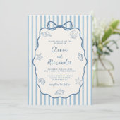 Coastal Blue Stripe Whimsical Hand Drawn Wedding Kaart (Staand voorkant)