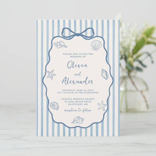 Coastal Blue Stripe Whimsical Hand Drawn Wedding Kaart (Staand voorkant)