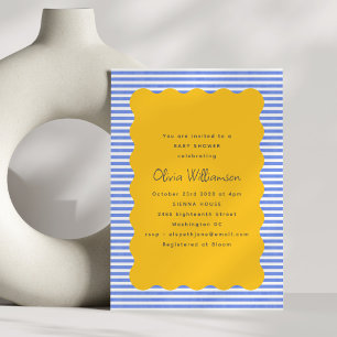 Coastal Blue Stripe Yellow Scallop Baby shower Kaart