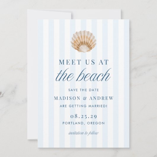 Coastal Blue Stripes Shell Beach Wedding Save The Date (Voorkant)
