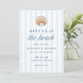 Coastal Blue Stripes Shell Beach Wedding Save The Date (Staand voorkant)