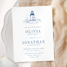 Coastal Blue Toile Lighthouse Wedding Kaart