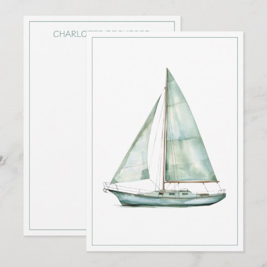 Coastal Blue Watercolor Sailboat Personalized Note Notitiekaartje (Voorkant / Achterkant)