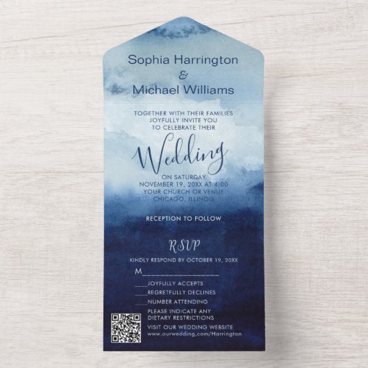 Coastal Blue Waterverf All in One Wedding Invitate All In One Uitnodiging (Binnen)