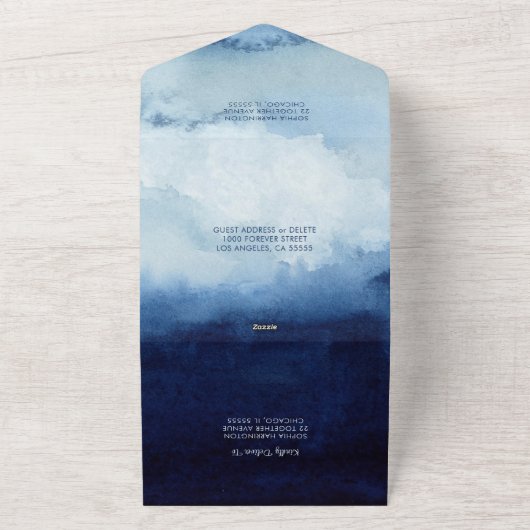 Coastal Blue Waterverf All in One Wedding Invitate All In One Uitnodiging (Buitenkant)