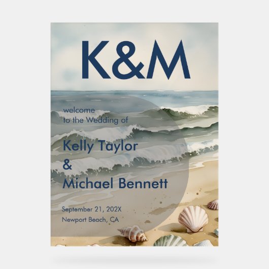 Coastal Blue Wedding Entry met Initialen Acryl Bord (Voorkant)