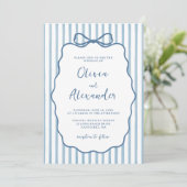 Coastal Blue Whimsical Stripe Bow Wedding Kaart (Staand voorkant)