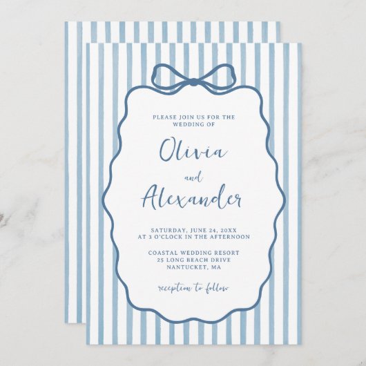 Coastal Blue Whimsical Stripe Bow Wedding Kaart (Voorkant / Achterkant)