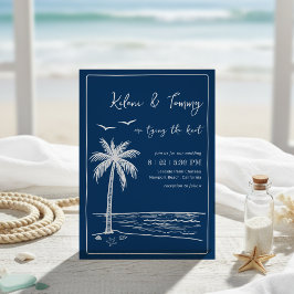 Coastal Blues Palm Tree Beach Wedding Kaart