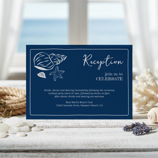 Coastal Blues Seashell & Script Wedding Reception  Informatiekaartje