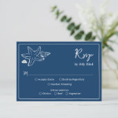 Coastal Blues Seashells & Script Wedding RSV RSVP Kaartje (Staand voorkant)