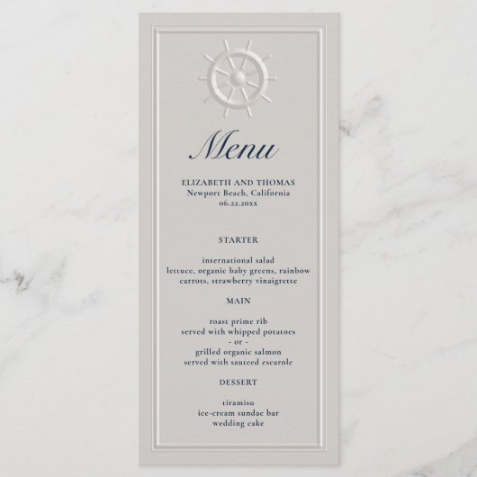 Coastal Boat Helm Faux Embossed formele bruiloft Menu (Voorkant)