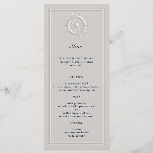 Coastal Boat Wheel Faux Embossed formele bruiloft Menu (Voorkant)