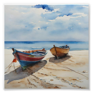 "Coastal Calm" Een rustgevende aquarel boot zeegez Foto Afdruk
