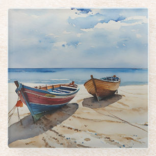 "Coastal Calm" Een rustgevende aquarel boot zeegez Glazen Onderzetter