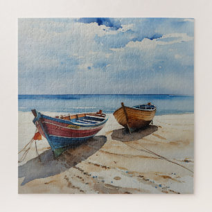 "Coastal Calm" Een rustgevende aquarel boot zeegez Legpuzzel