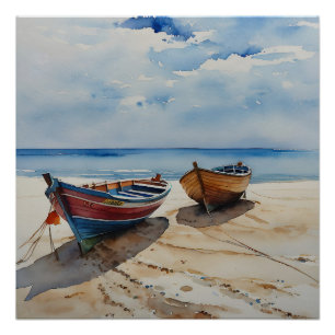 "Coastal Calm" Een rustgevende aquarel boot zeegez Perfect Poster