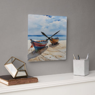 "Coastal Calm" Een rustgevende aquarel boot zeegez Vierkante Klok