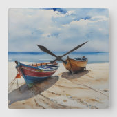 "Coastal Calm" Een rustgevende aquarel boot zeegez Vierkante Klok (Voorkant)