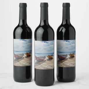 "Coastal Calm" Een rustgevende aquarel boot zeegez Wijn Etiket