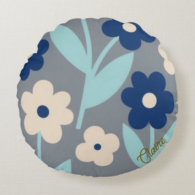 Coastal Calm Florals | Indigo & Turquoise pattern Rond Kussen (Voorkant)