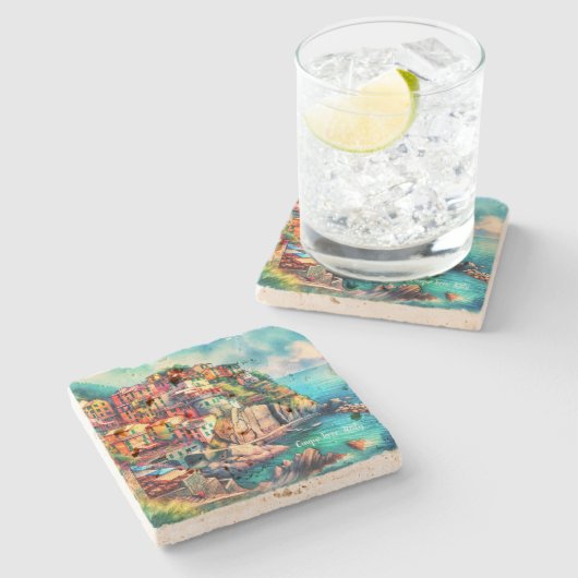 Coastal Charm Cinque Terre Italië Waterverf | Stenen Onderzetter (Zijkant)