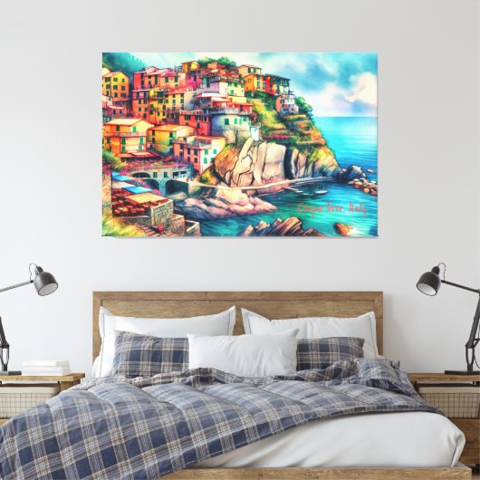 Coastal Charm Italië Cinque Terre Waterverf | Canvas Afdruk (Insitu (Slaapkamer))