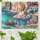 Coastal Charm Italië Cinque Terre Waterverf | Theedoek (Gevouwen)