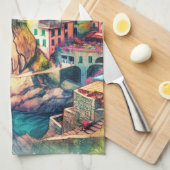 Coastal Charm Italië Cinque Terre Waterverf | Theedoek (Quarter Fold)