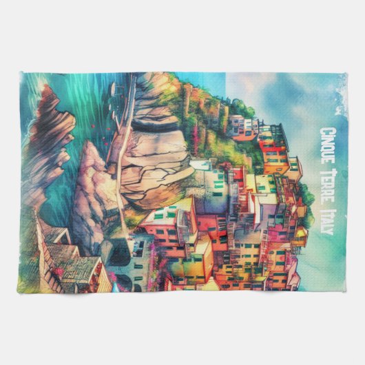 Coastal Charm Italië Cinque Terre Waterverf | Theedoek (Horizontaal)