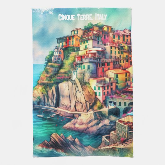Coastal Charm Italië Cinque Terre Waterverf | Theedoek (Verticaal)
