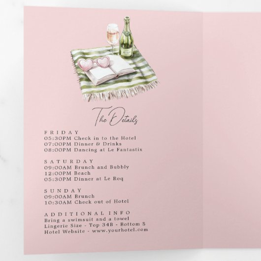 Coastal Chic Beach Club Bachelorette WeekenQR Code Drieluik Uitnodiging (Binnenzijde eerst)