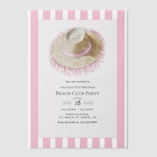 Coastal Chic Beach Club Birthday Party Vellum Uitnodigingen (Voorkant)