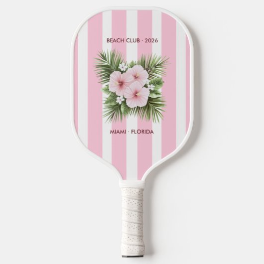 Coastal Chic Beach Club Pink Stripe Tropical Pickleball Paddle (Voorkant)