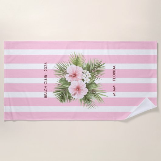 Coastal Chic Beach Club Pink Stripe Tropical Strandlaken (Voorkant)